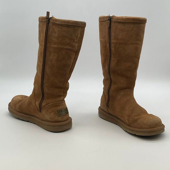 UGG Women’s Tall Zip Boots Sz 6 Chestnut Brown Suede Shearling Lined Winter Cozy - Picture 3 of 12